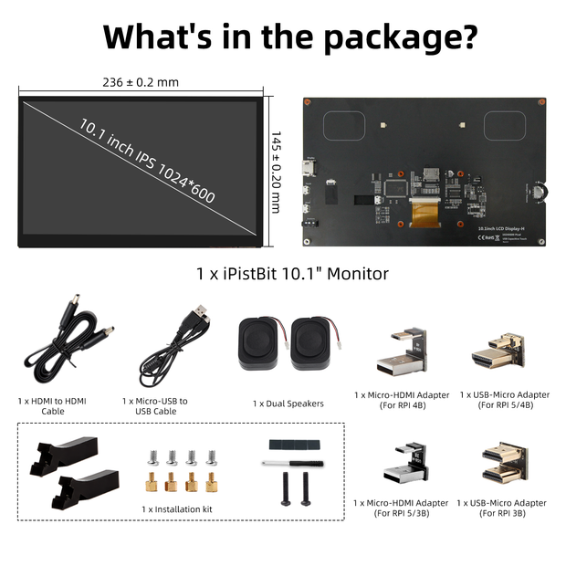 iPistBit Raspberry Pi Screen, 10.1 Inch Touchscreen Monitor, IPS 1024×600, Dual Built-in Speakers, HDMI Portable Monitor Compatible with Raspberry Pi 5/4/3/Zero,Driver Free