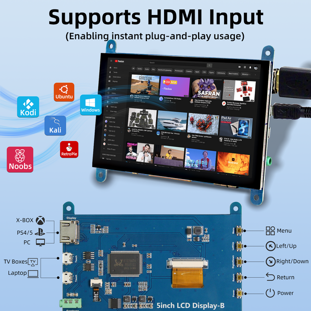 iPistBit Moniteur Raspberry Pi 5'', écran tactile capacitif 800 x 480 HDMI IPS pour Raspberry Pi 5 4 3 2 Zero BB, sans pilote 