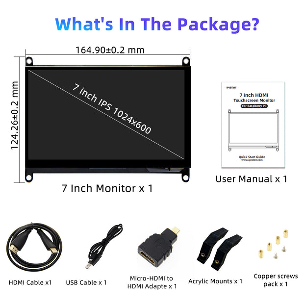 iPitsBit Raspbemry Pi Monitor, 7 Inch LCD Screen 1024x600 for Raspbery Pi 5 4 3B 2B B4,BB Black, Banana Pi, Windov/s 10/8/7. Driver Free