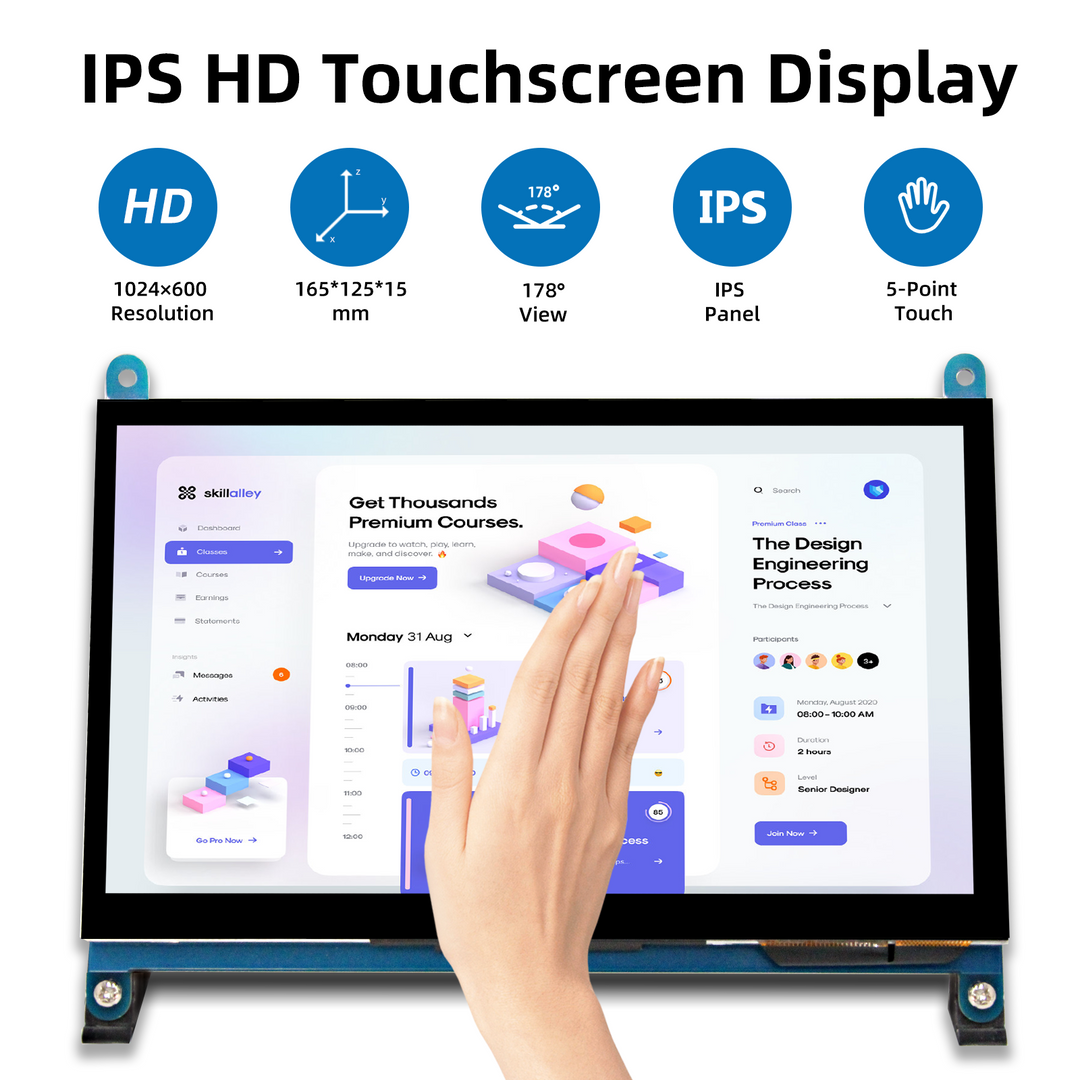 Display Portatile Touchscreen Da 7'' IPS Per Raspberry Pi 4/3B+, 1024x600, Custodia In Pelle Regolabile, Luminosità Regolabile, Per PC Windows