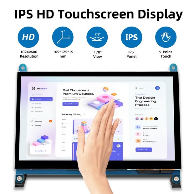 iPistBit Écran tactile LCD 7 pouces, écran IPS 1024 x 600 avec support, moniteur portable HDMI pour Raspberry Pi 5/4B/3B+/3B/B+/Zero/400, BB noir, Windows 10 8 7, pilote gratuit 