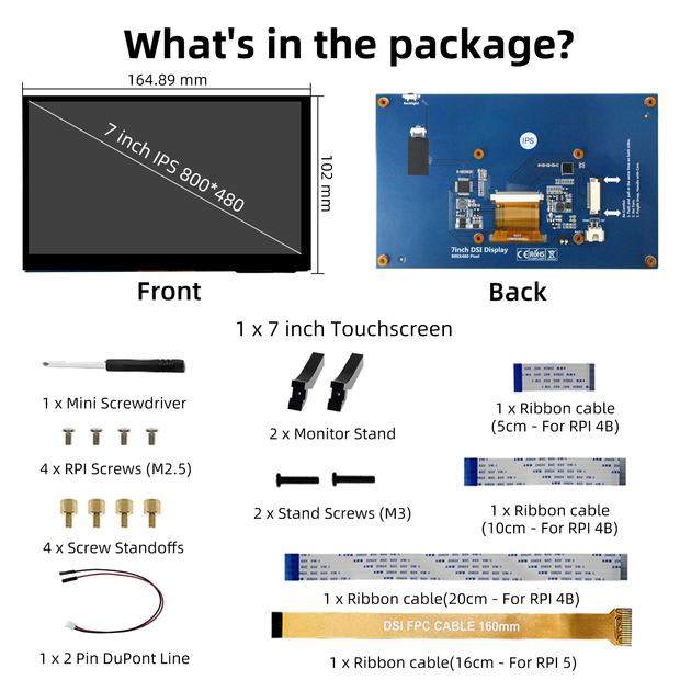 iPistBit Écran tactile Raspberry Pi 7 pouces, écran IPS 800 x 480 DSI, écran tactile capacitif 5 points pour Raspberry 5/Pi 4B/3B+/3B/B+/Zero/400, sans pilote 