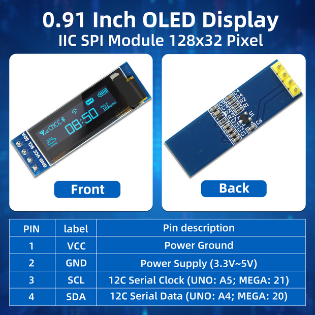 5 Pcs 0.91 Inch I2C OLED Display Module, 128x32 Pixel SSD1306 Luminous OLED Screen Board Compatible with Arduino Raspberry Pi ESP32