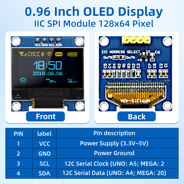 5 Pcs 0.96 Inch OLED Display Module, 128x64 Pixel I2C SSD1306 Luminous OLED Screen Board Compatible with Arduino Raspberry Pi ESP32